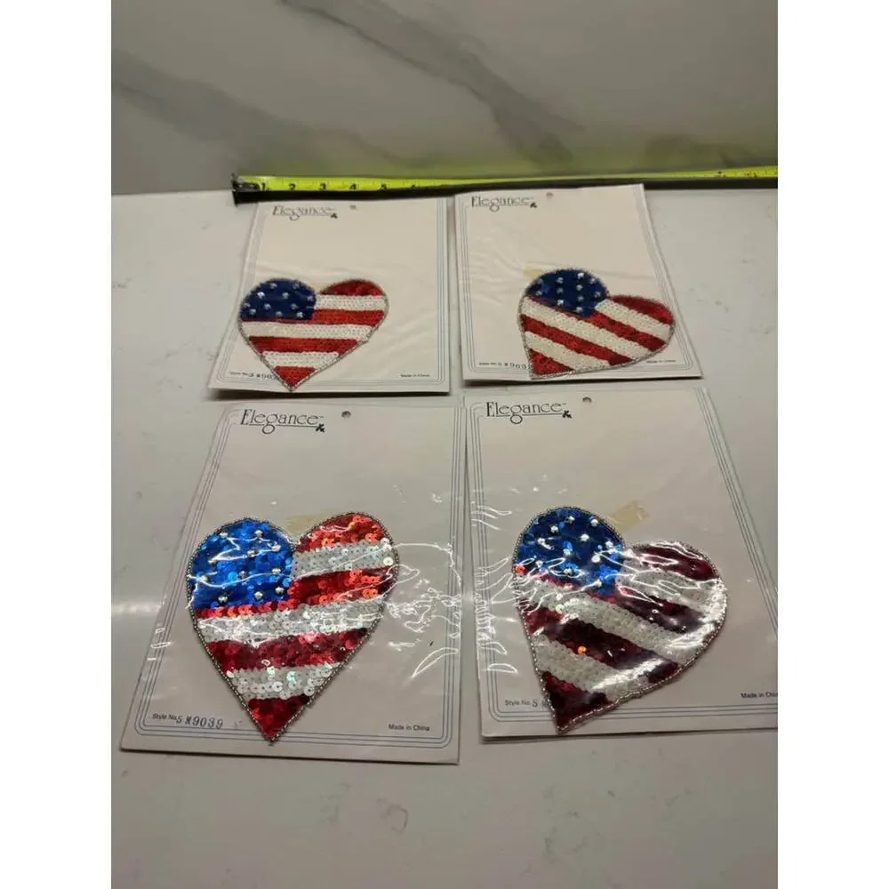 Elegance Vintage New heart-shaped sequin American Flag Appliqué patches set of 4